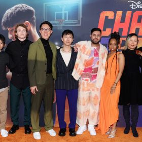 Eric Anthony Lopez, Ben Wang, Chase Liefield, Jingyi Shao, Bloom Li, Rishi Rajani, Zoe Renee, Mardy Ma, Lena Waithe, and Dexter Darden attend the launch and screening event for Disney’s Chang Can Dunk at Walt Disney Studios in Burbank, California.