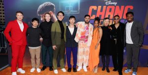 Eric Anthony Lopez, Ben Wang, Chase Liefield, Jingyi Shao, Bloom Li, Rishi Rajani, Zoe Renee, Mardy Ma, Lena Waithe, and Dexter Darden attend the launch and screening event for Disney’s Chang Can Dunk at Walt Disney Studios in Burbank, California.