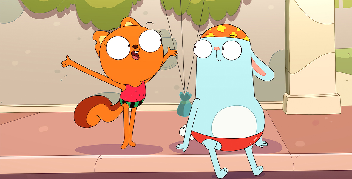 In the animated series Kiff, the squirrel Kiff and blue bunny Barry linger outside of a pool wearing swimsuits. Barry sits on the pool’s edge and looks at Kiff as she throws her arms in the air. Kiff wears a watermelon one-piece and Barry wears a red swimsuit.