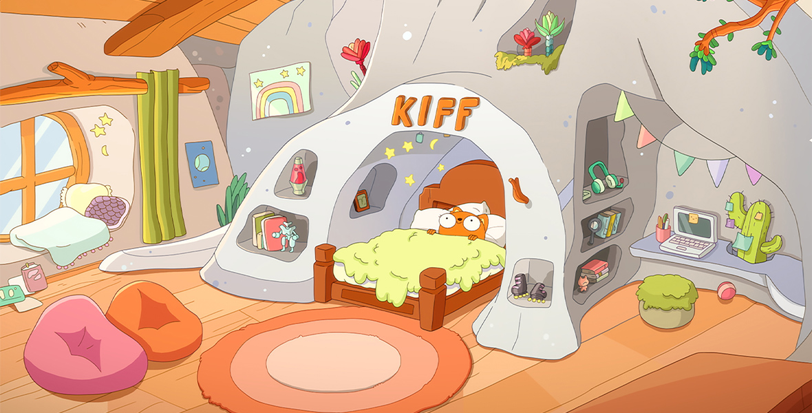 In the animated series Kiff, the squirrel Kiff is tucked in her bed. Her room is enormous, and her bed is tucked halfway into a cave on one wall with her name in letter pasted above the frame. The cave has several shelves carved out that hold headphones, books, and lava lamps. On the other wall is a bright window with bean bag chairs and a plush rug nearby.
