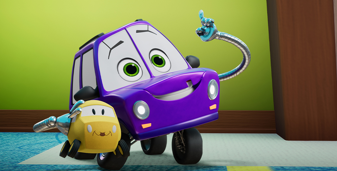 In a scene from an episode of Firebuds, a small, purple vehicle with a cleft hood gives a thumbs up and holds a yellow car toy with a cleft hood.
