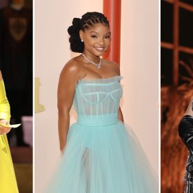 Left Image: Costume designer Ruth E. Carter wears black glasses and a yellow strapless dress with yellow sleeves. She holds an acceptance speech in her left hand and a gold Oscar statue in her right hand. She is standing in front of a microphone. Middle Image: Halle Bailey wears a strapless turquoise gown. Her hair is in a braided updo, and she is smiling for photographers on the Oscars’ champagne carpet. Right Image: Rihanna wears black leather gloves, diamond jewelry, and a black, bedazzled top. Rihanna is smiling as she performs the song “Lift Me Up” at the Oscars.