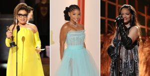 Left Image: Costume designer Ruth E. Carter wears black glasses and a yellow strapless dress with yellow sleeves. She holds an acceptance speech in her left hand and a gold Oscar statue in her right hand. She is standing in front of a microphone. Middle Image: Halle Bailey wears a strapless turquoise gown. Her hair is in a braided updo, and she is smiling for photographers on the Oscars’ champagne carpet. Right Image: Rihanna wears black leather gloves, diamond jewelry, and a black, bedazzled top. Rihanna is smiling as she performs the song “Lift Me Up” at the Oscars.