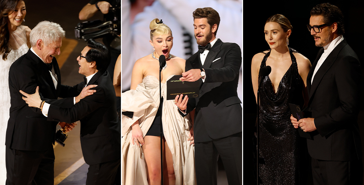 Left Image: Harrison Ford (left) embraces Ke Huy Quan (right) at the Oscars. They are both wearing tuxedos and smiling as Ford hands Quan his gold Oscar statue. Middle Image: Florence Pugh (left) and Andrew Garfield (right) announce the winner for Best Original Screenplay at the Oscars. Pugh is wearing a strapless gray dress and black shorts. Garfield is wearing a black tuxedo, a white shirt, and a bowtie. Right Image: Elizabeth Olsen (left) and Pedro Pascal (right) present at the Oscars. She is wearing a black dress and he is wearing a black suit and a white shirt.