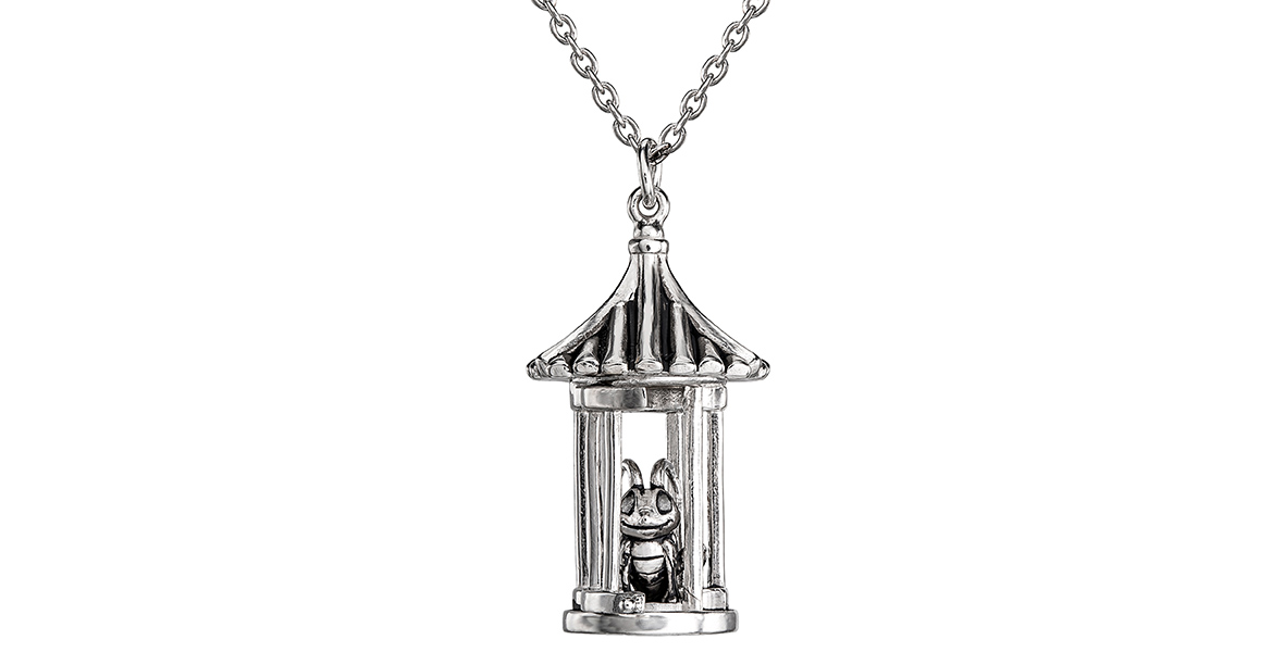 A Silver necklace with a pendant featuring Cri-Kee, the lucky cricket from Mulan, inside a cage. 