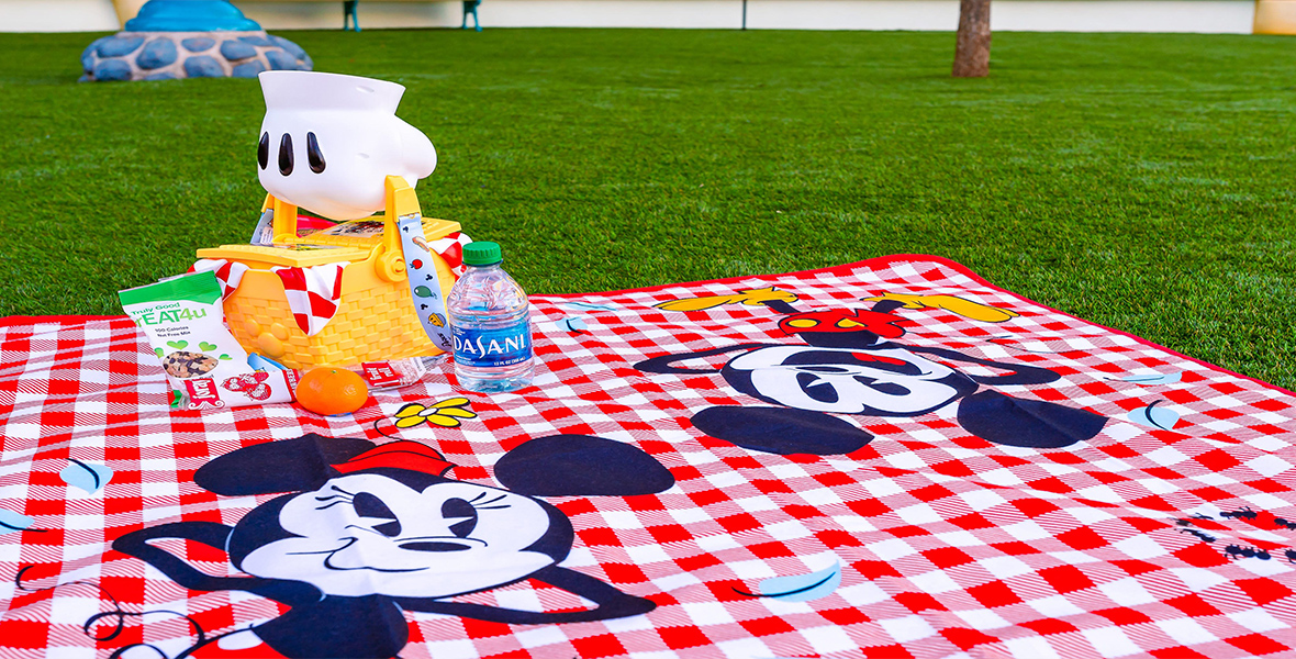 A photo of the red and white checkered picnic blanket on the lawn in Mickey’s Toontown. The characters of Mickey Mouse and Minnie Mouse are printed onto the blanket, and the picnic basket sits on top of it.