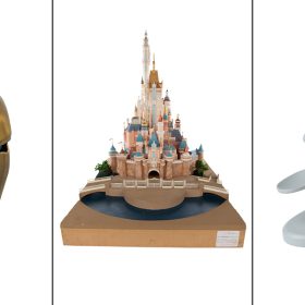 Left— Iron Man’s helmet, a shiny gold and dark red helmet stylized like the Marvel comics character of the same name. Middle— A model of Hong Kong Disneyland’s Castle of Magical Dreams, a pink and blue castle that resembles a combination of several castles from Disney princess films. Right— A gray maquette of Remy from Ratatouille, holding a spoon.