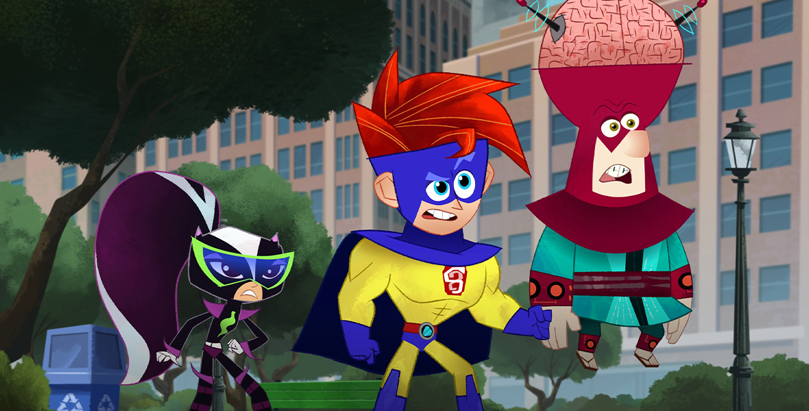 In a scene from Penn Zero: Part-Time Hero, animated characters Sashi Kobayashi, Penn Zero, and Boone Wiseman wear superhero suits and stand in a park.