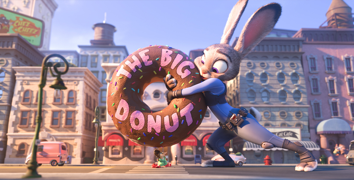 In a scene from Zootopia, the police officer rabbit Judy Hopps holds a sprinkle donut sign above a shrew named Fru Fru, who is holding red shopping bags.