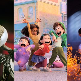 Three stills from animated Disney films are side by side. On the left, Jack Skellington of The Nightmare Before Christmas pinches a snowflake in between his bony fingers as he inspects it. In the center, Mei and her friends from Turning Red strike poses in the middle of the street, imitating the boyband 4 Town. On the right, Miguel from Coco stands alone in Ernesto de la Cruz’s tomb. He holds Ernesto’s guitar and strikes the chords as golden flowers blow up beneath him.