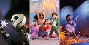 Three stills from animated Disney films are side by side. On the left, Jack Skellington of The Nightmare Before Christmas pinches a snowflake in between his bony fingers as he inspects it. In the center, Mei and her friends from Turning Red strike poses in the middle of the street, imitating the boyband 4 Town. On the right, Miguel from Coco stands alone in Ernesto de la Cruz’s tomb. He holds Ernesto’s guitar and strikes the chords as golden flowers blow up beneath him.