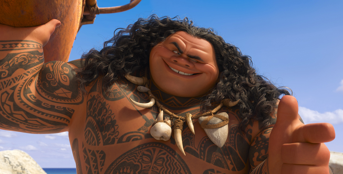 In the animated film Moana, Maui the demigod holds a boat in one hand and makes a finger gun symbol with his free hand. He winks.