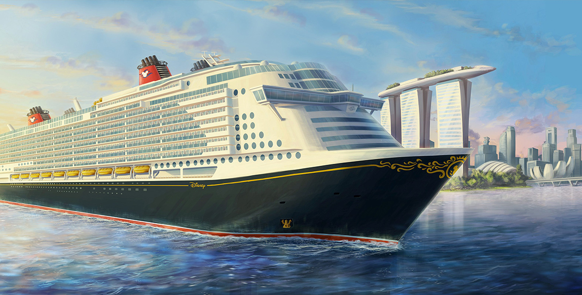 In concept art for the new Disney Cruise Line ship based out of Singapore, the port of Singapore (with several tall buildings, and a Ferris wheel to the right) is seen behind a large ship sailing from left to right.