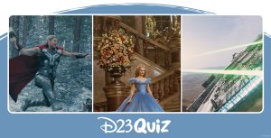 A triptych of three photos. On the left is a still from Avengers: Age of Ultron, where several Avengers race forward. Thor swings his hammer, Hawkeye raises his bow, and Iron Man, Captain America, and Black Widow charge in battle positions. The middle image is from the live-action Cinderella; Cinderella descends the golden staircase of the palace while wearing her blue ballgown for the royal ball. The right image is from Star Wars: The Force Awakens: A ship flies over the desert sands as two others shoot green lasers at it.