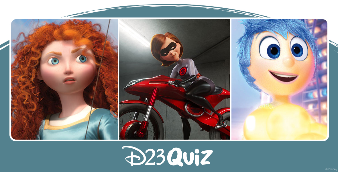 Three photos of Pixar heroines are side by side. On the left is Merida from the animated film Brave. Amid the green hills of Scotland, she braces her bow and is about to shoot an arrow. In the center is Helen Parr, aka Elastigirl, from the animated film The Incredibles 2. In her silver super suit and black mask, she revs up her shiny, red Elasticycle in the garage of her home. On the right is Joy from Inside Out. Standing in front of a colorful shelf of Riley’s memories, each preserved in a small ball, she carries several yellow core memories in her arms. She grins at something up ahead.