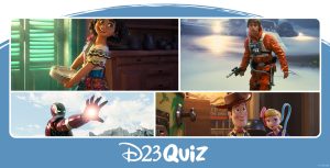 Four images are compiled into one. On the far left, Iron Man of Iron Man wears his red and gold suit and throws his right arm forward to attack. Beside him is a still from the animated film Toy Story 4, depicting Woody and Bo Peep standing together and looking off in the distance. Woody wears his cowboy hat and vest while Bo Peep clutches her blue staff. Next is a still from the animated film Encanto, where Mirabel holds onto a stack of plates while grinning at something off-screen. She wears her green glasses and her blue and white embroidered dress. On the far right, Luke Skywalker of Star Wars: A New Hope stands outside a spaceship. He wears his orange flight uniform and holds a blaster in his right hand.