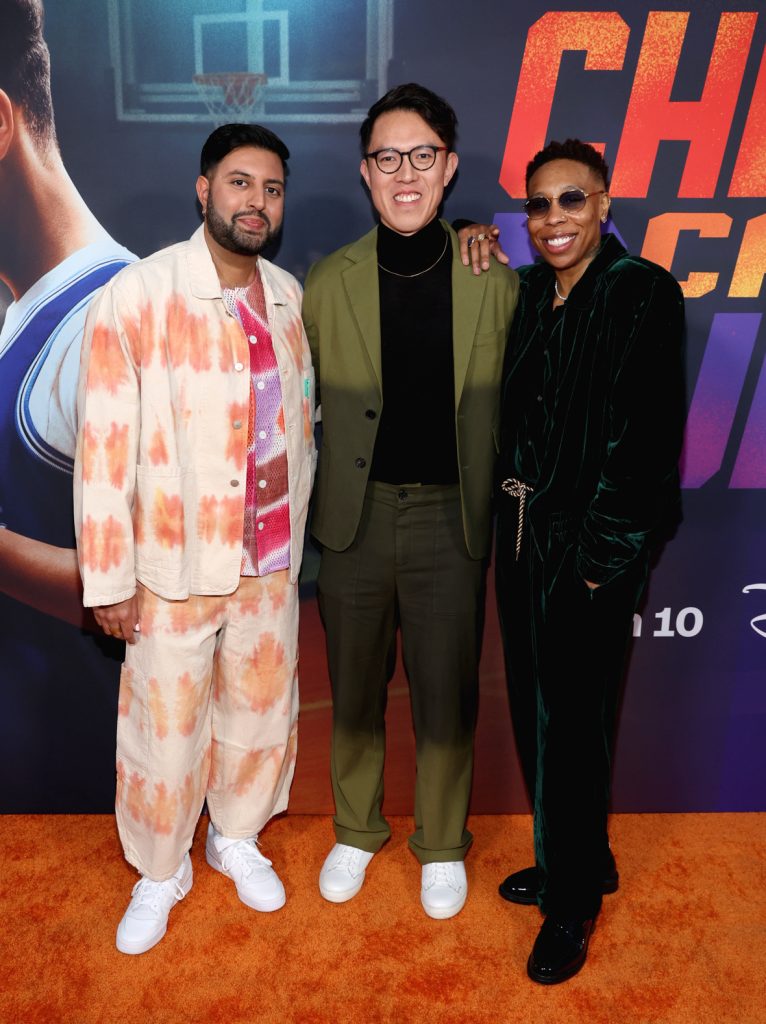 BURBANK, CALIFORNIA - MARCH 06: (L-R) Jingyi Shao, Rishi Rajani, and Lena Waithe attend the Launch &amp; Screening Event for Disney's “Chang Can Dunk” at Walt Disney Studios in Hollywood, California on March 06, 2023. (Photo by Rich Polk/Getty Images for Disney)