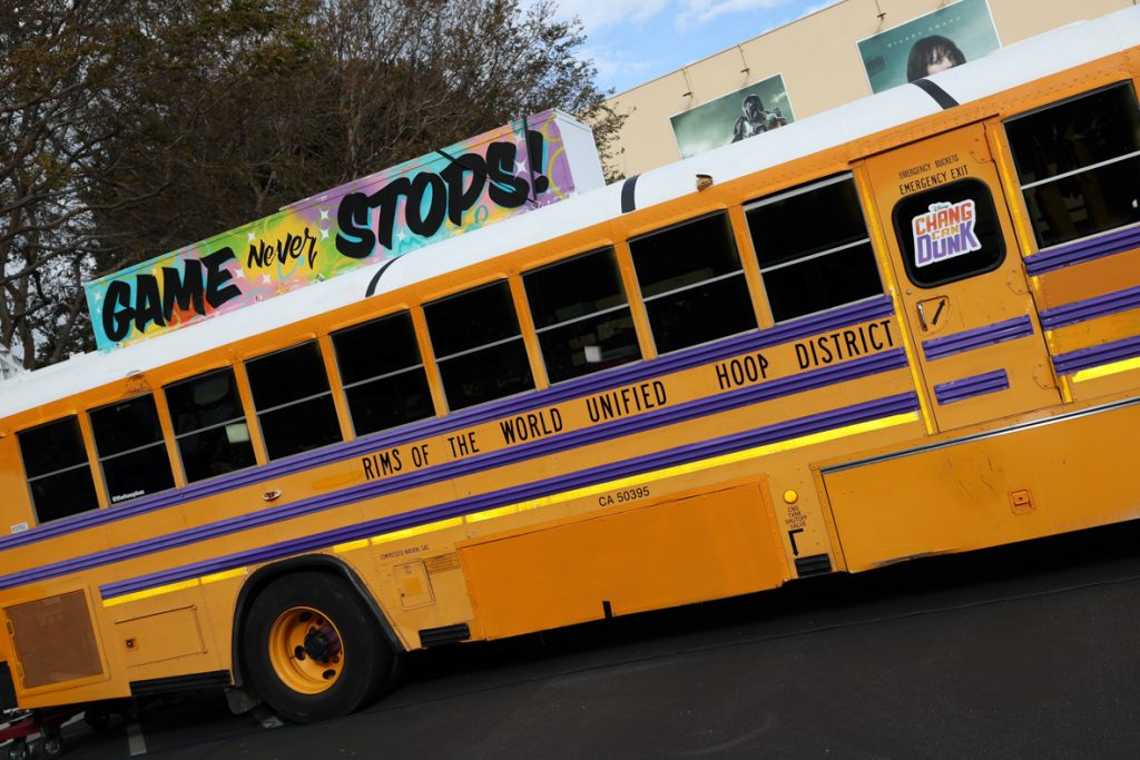 BURBANK, CALIFORNIA - MARCH 06: A school bus is displayed during the Launch &amp; Screening Event for Disney's “Chang Can Dunk” at Walt Disney Studios in Hollywood, California on March 06, 2023. (Photo by Rich Polk/Getty Images for Disney)