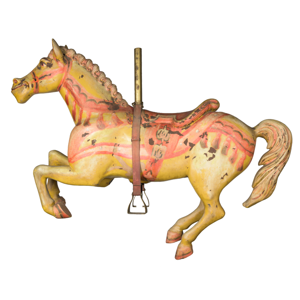 A yellow carousel horse with pink and orange accents. The horse, which was featured in the film Mary Poppins, has been allowed to age naturally over time and has not been restored to its original film appearance.