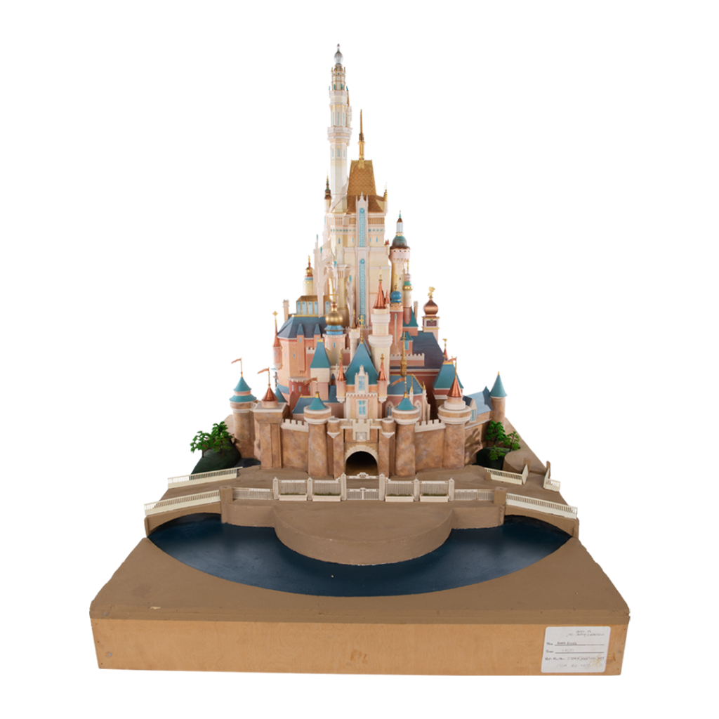 A model of Hong Kong Disneyland’s Castle of Magical Dreams, a pink and blue castle that resembles a combination of several castles from Disney princess films.
