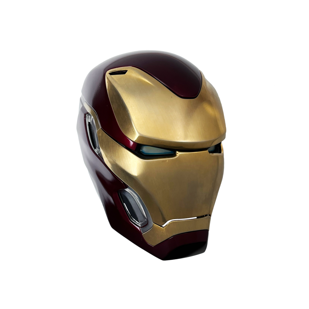 Iron Man’s helmet, a shiny gold and dark red helmet stylized like the Marvel comics character of the same name.