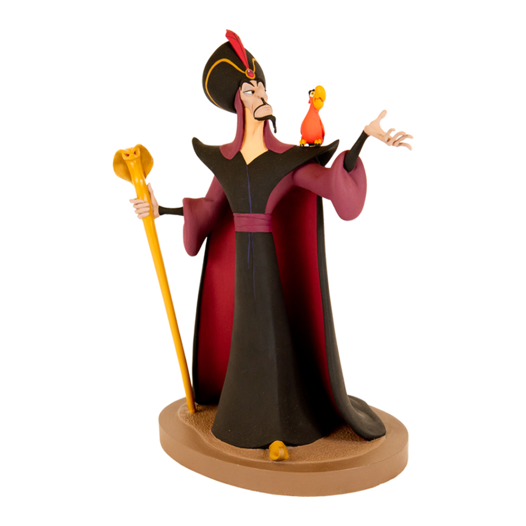 A maquette of Jafar from Aladdin, fully colored and holding his staff with Iago sitting on his shoulder.