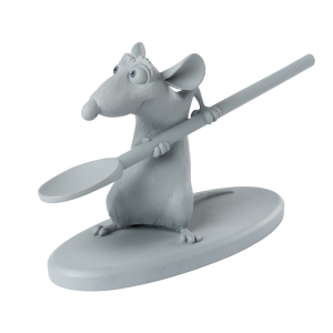 A gray maquette of Remy from Ratatouille, holding a spoon.