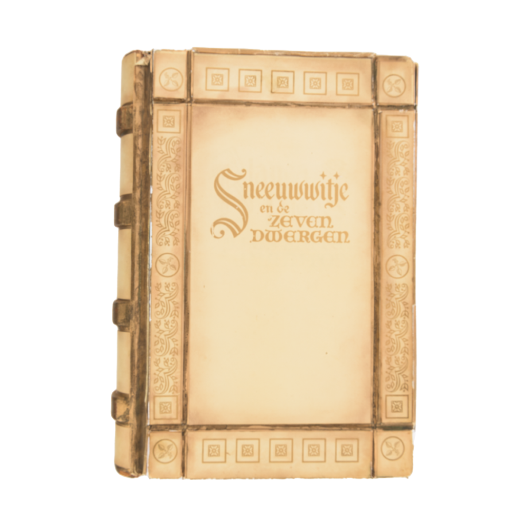 A cream-colored prop book from the opening of the film Snow White and the Seven Dwarfs. The title of the film is written in Dutch on the center of the cover.