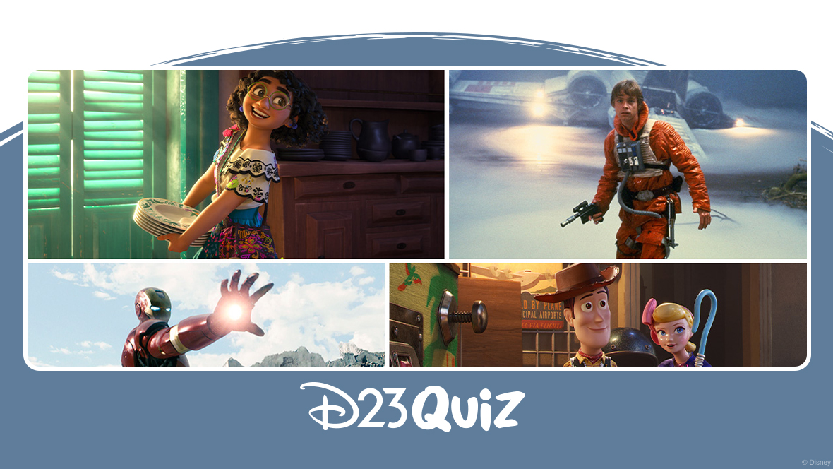 Four images are compiled into one. On the far left, Iron Man of Iron Man wears his red and gold suit and throws his right arm forward to attack. Beside him is a still from the animated film Toy Story 4, depicting Woody and Bo Peep standing together and looking off in the distance. Woody wears his cowboy hat and vest while Bo Peep clutches her blue staff. Next is a still from the animated film Encanto, where Mirabel holds onto a stack of plates while grinning at something off-screen. She wears her green glasses and her blue and white embroidered dress. On the far right, Luke Skywalker of Star Wars: A New Hope stands outside a spaceship. He wears his orange flight uniform and holds a blaster in his right hand.