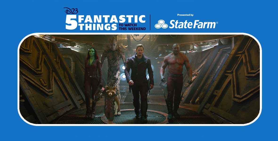 In a scene from Guardians of the Galaxy, actors Zoe Saldaña, Chris Pratt, and Dave Bautista walk down a hallway with Rocket, a raccoon, and Groot, a tree-like humanoid.