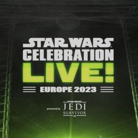 The logo for Star Wars Celebration LIVE! Europe 2023, which features the title in white in the classic “Star Wars” font. The word “LIVE!” is green and styled like it is being holographically projected. Below the logo, in smaller text, is “presented by Star Wars Jedi: Survivor”. The text is on a black and green gradient background that features a faint image of London architectural icons.