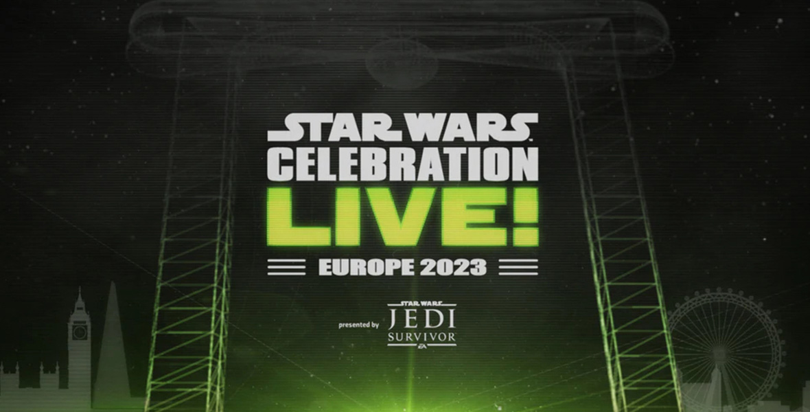 The logo for Star Wars Celebration LIVE! Europe 2023, which features the title in white in the classic “Star Wars” font. The word “LIVE!” is green and styled like it is being holographically projected. Below the logo, in smaller text, is “presented by Star Wars Jedi: Survivor”. The text is on a black and green gradient background that features a faint image of London architectural icons.