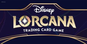 The logo for Disney Lorcana Trading Card Game, which features the game’s name in purple text, except for the word “LORCANA,” which is stylized in gold lettering with a sparkle in the center of the “o.”