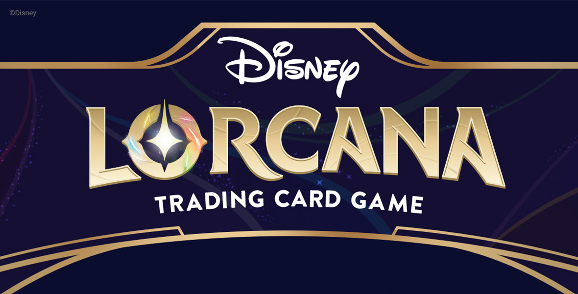 The logo for Disney Lorcana Trading Card Game, which features the game’s name in purple text, except for the word “LORCANA,” which is stylized in gold lettering with a sparkle in the center of the “o.”