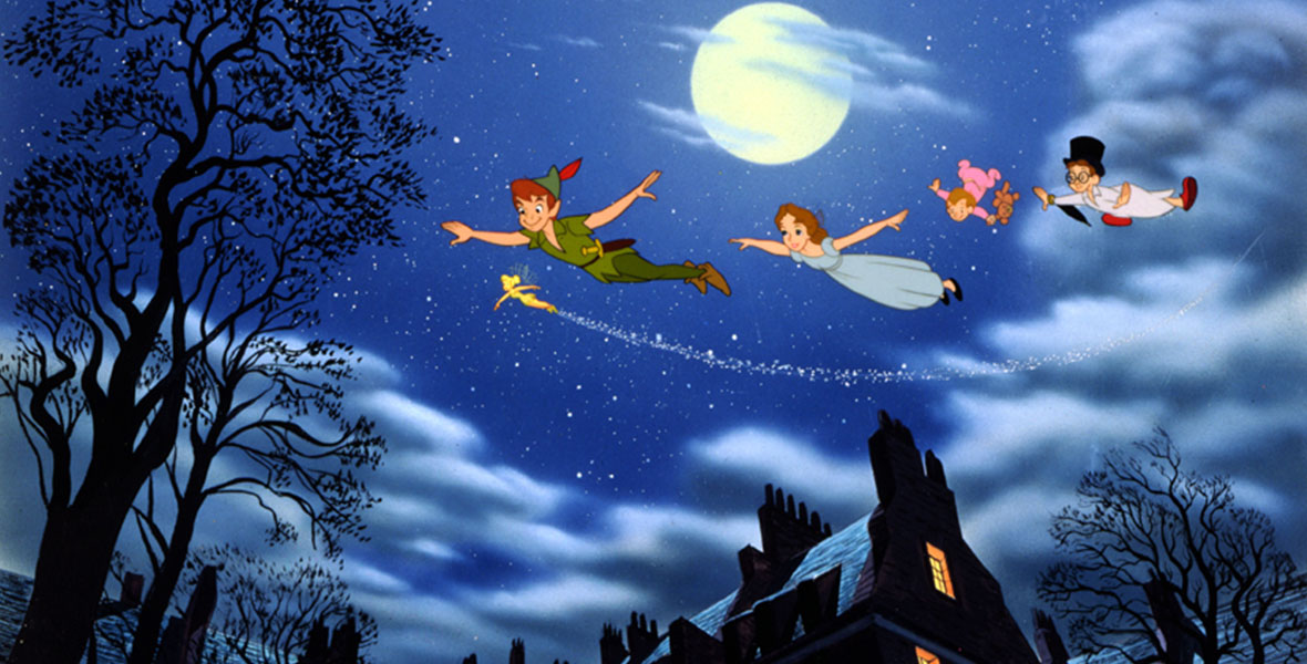 In the animated film Peter Pan, Peter leads the young Wendy, John, and Michael through the night sky over London. Peter wears green clothes with the tiny fairy Tinker Bell at his side. The moon is bright and full in the starry and semi-cloudy sky.
