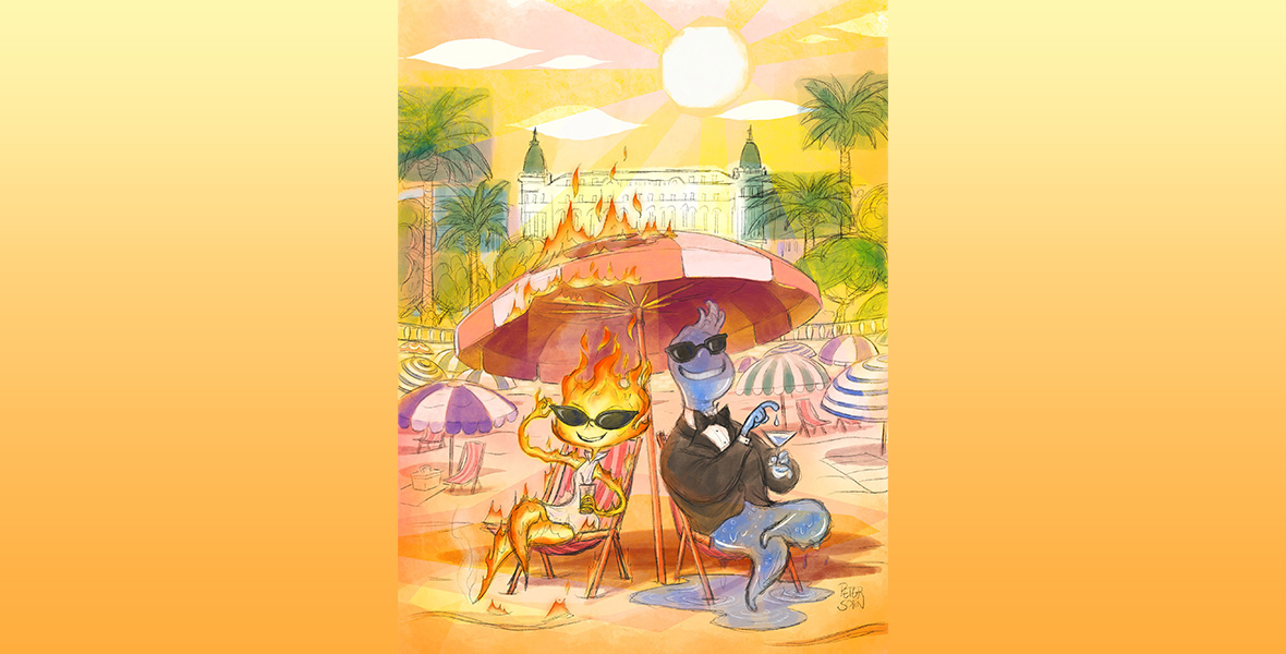 In an image to promote Disney and Pixar’s Elemental closing the Cannes Film Festival, the film’s two main characters—Ember (on left) and Wade (on right)—are sitting in beach chairs under an umbrella on the sand, each holding a beverage. Behind them are more colorful umbrellas and beach chairs, as well as palm trees and a stylized depiction of the famous Carlton Intercontinental Hotel in Cannes.