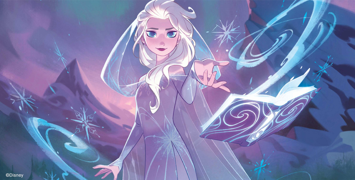An illustration of Elsa, who is using the blue swirls of ice and snowflakes around her to lift a glowing spell book. She stands in an arctic environment, where the sky glows purple, pink and blue.