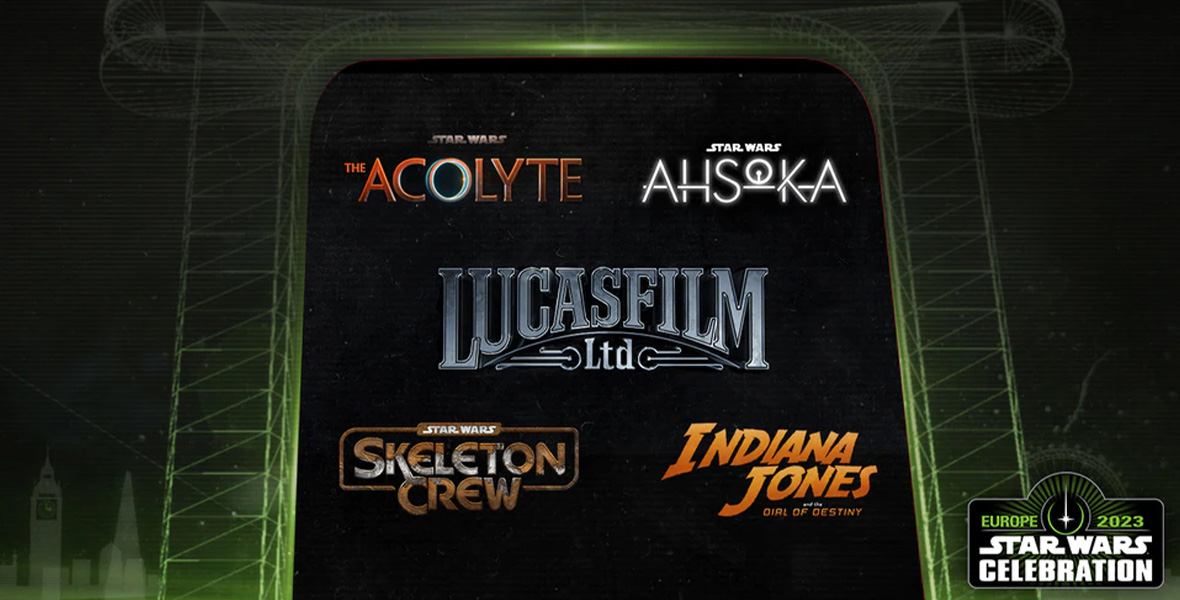 Logos for The Acolyte, Ahoska, Skeleton Crew, and Indiana Jones and the Dial of Destinyall surround a bigger, silver logo for Lucasfilm LTD. All the logos sit on the black and green branding for Star Wars Celebration.