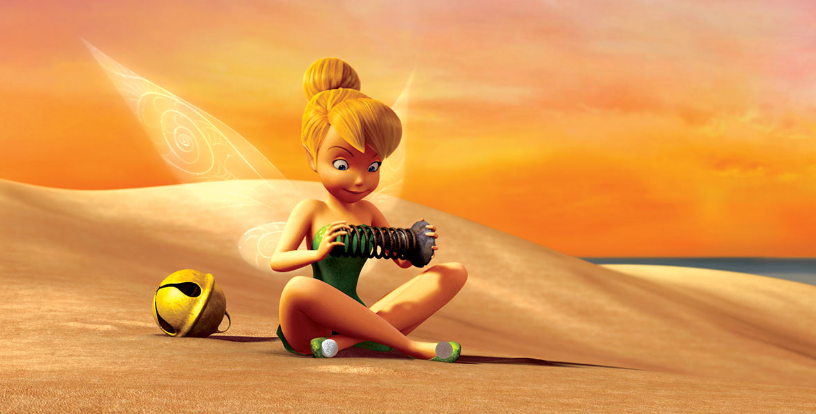 In the animated Tinker Bell movie, Tink sits alone on the sand and fiddles with a small screw. A small rusting bell rests beside her. She wears her traditional short green dress, and her blond hair is pulled into a bun atop her head.