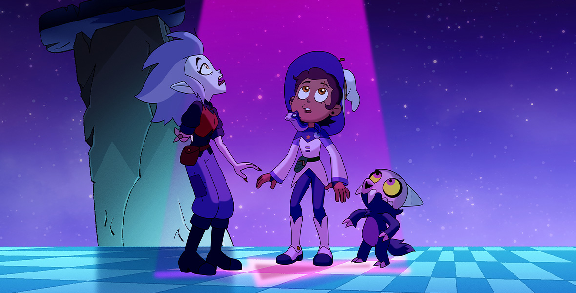 In a scene from an episode of The Owl House, three characters look up at a purple spotlight.