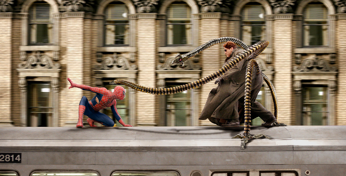 In a scene from Spider-Man 2, Spider-Man fights Doc Ock, a cyborg with metal tentacles, on top of a subway car.