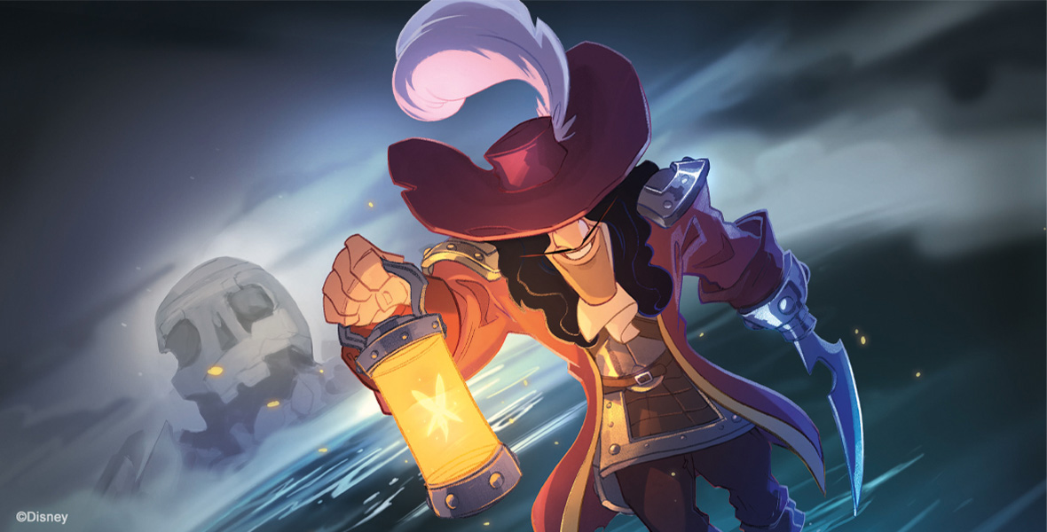 An illustration of Captain Hook, walking through the water in front of Skull Rock. His hat is covering his eyes, and he grins sinisterly as he holds up a lantern that appears to be lit by a pixie. His left hand, which usually has a hook, has been replaced with a sword.