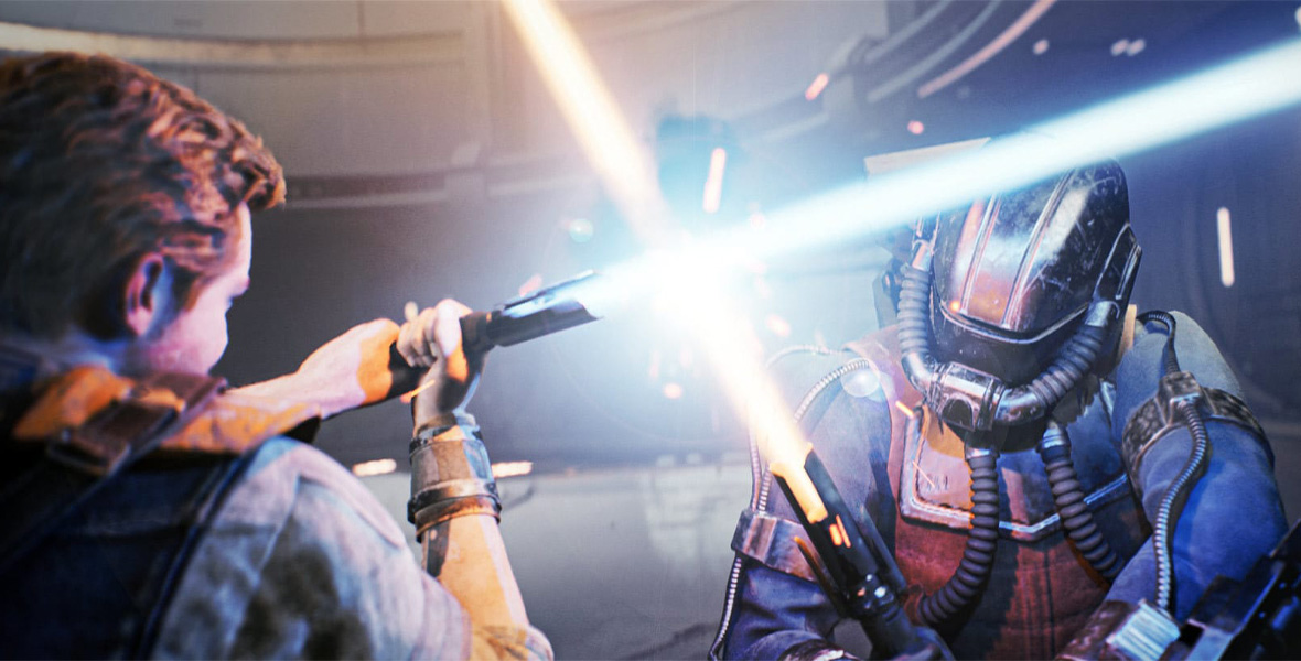 Cal Kestis, with his back to the camera, crosses blades with an unknown enemy. Cal wields a blue lightsaber, while his armor-clad opponent wields a yellow-bladed lightsaber.