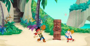 In the animated Jake and the Never Land Pirates series, Jake and his friend Cubby play baseball on the shore of a beach. They both wear mitts and toss the ball between them under Never Land&rsquo;s blue sky.
