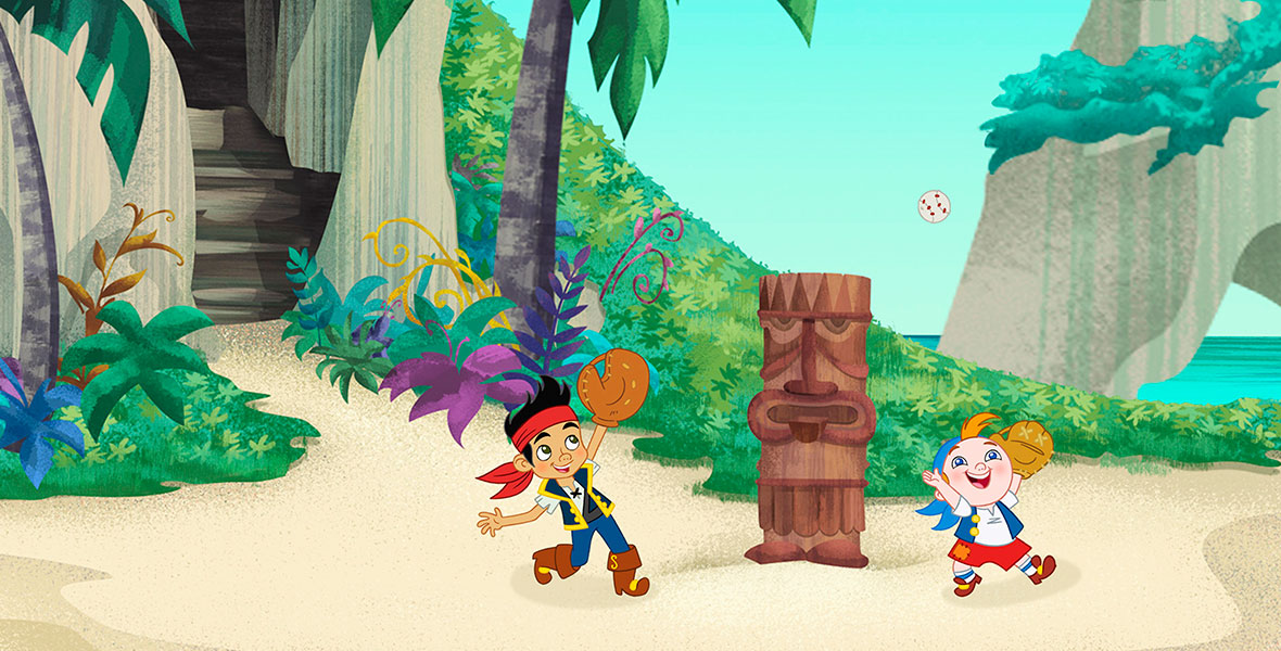 In the animated Jake and the Never Land Pirates series, Jake and his friend Cubby play baseball on the shore of a beach. They both wear mitts and toss the ball between them under Never Land’s blue sky.