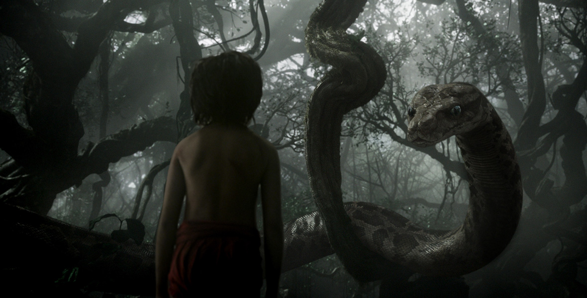 In a scene from The Jungle Book, actor Neel Sethi plays Mowgli and stands opposite Kaa, a CGI python hanging from an overhead tree.