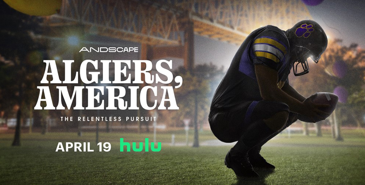 The key art from Algiers, America depicts a football player squatting on a field holding a football.