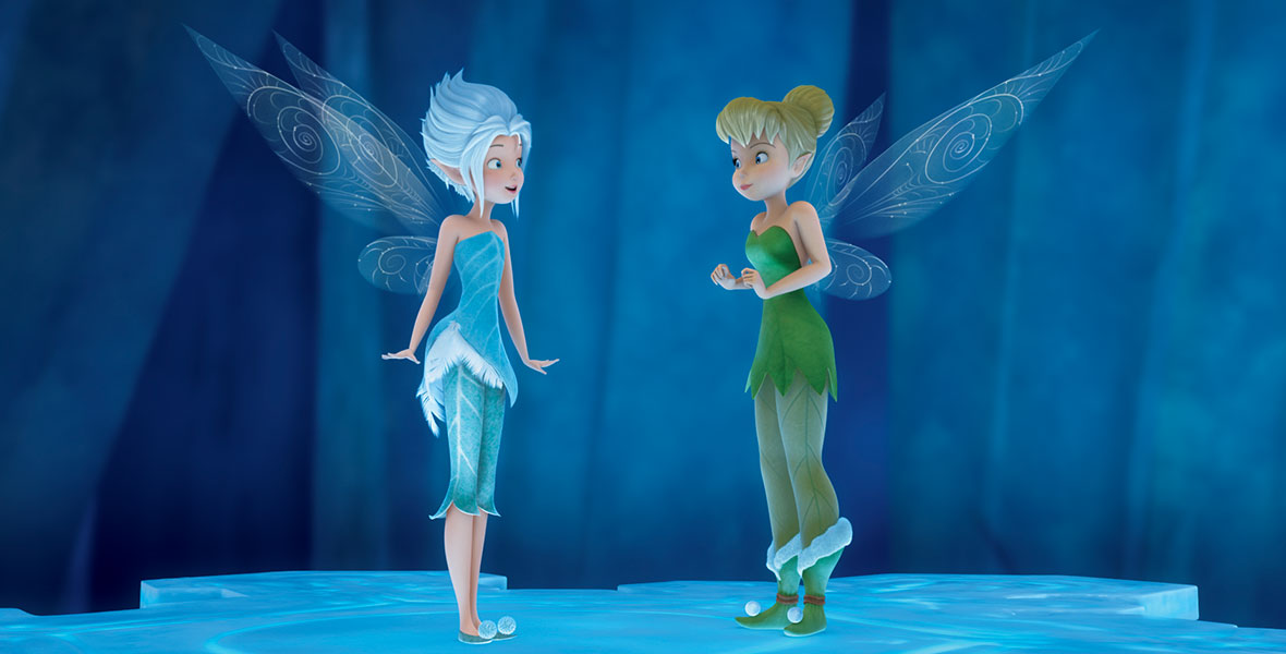 In the animated film Secret of the Wings, Tinker Bell and her sister Periwinkle face each other as they meet for the first time. They stand in an icy cavern in the Winter Woods and smile at each other. Periwinkle has short white hair that sweeps up toward the sky, and she wears a baby blue shirt and capri pants. Tinker Bell wears her traditional short green dress with matching leggings and warm boots. They have matching wings.