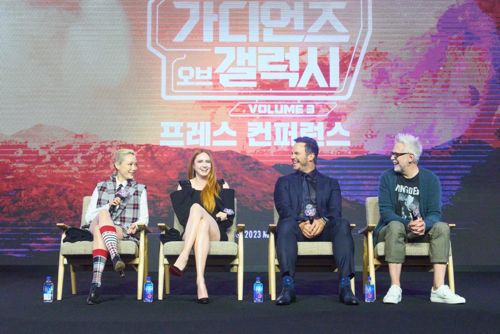 (L-R): Pom Klementieff, Karen Gillan, Chris Pratt, and Director James Gunn attend the Seoul Photocall and Popup Event for Marvel Studios' GUARDIANS OF THE GALAXY VOL. 3 in Seoul, South Korea on April 18, 2023. Photo by Ho Chang.