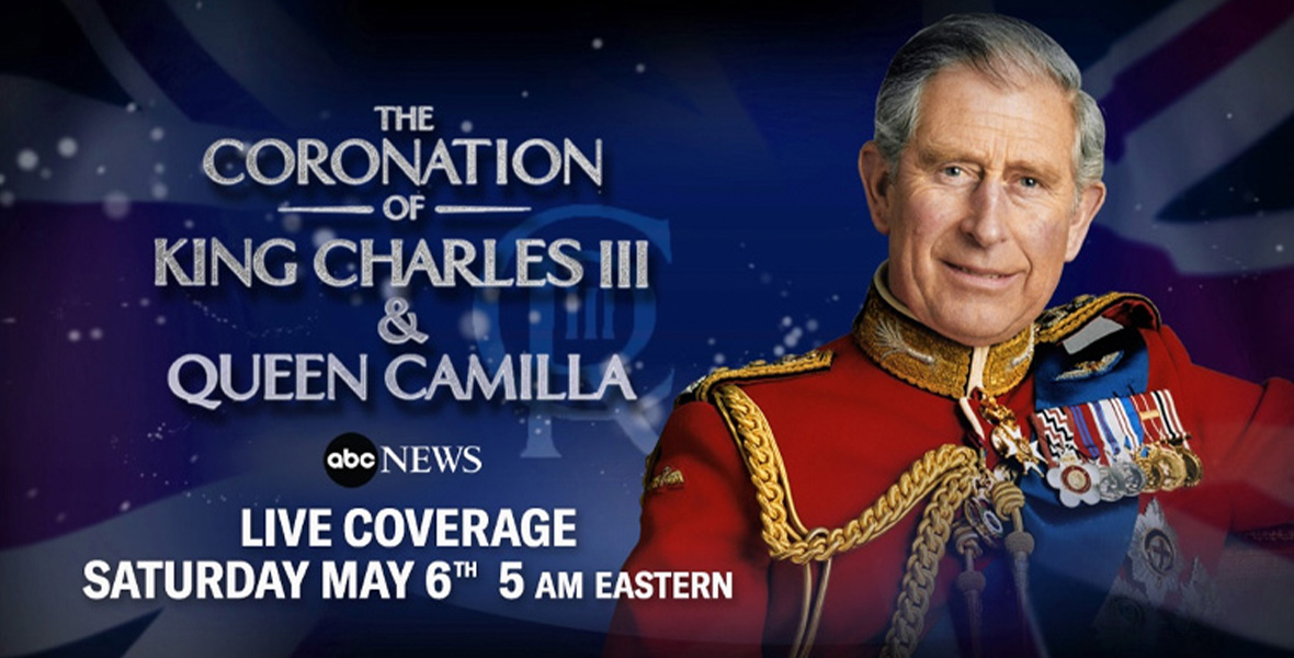 In a promotional image for ABC News’ coverage of King Charles III’s coronation, he can be seen on the right wearing a red military-style jacket covered in medallions, a gold rope, and a blue sash. On the left are the words “The Coronation of King Charles III & Queen Camilla,” along with the ABC News logo and the date and time of the coverage: Saturday, May 6, 5 a.m. ET. A British flag, as well as King Charles III’s royal monogram, can be seen in the background.